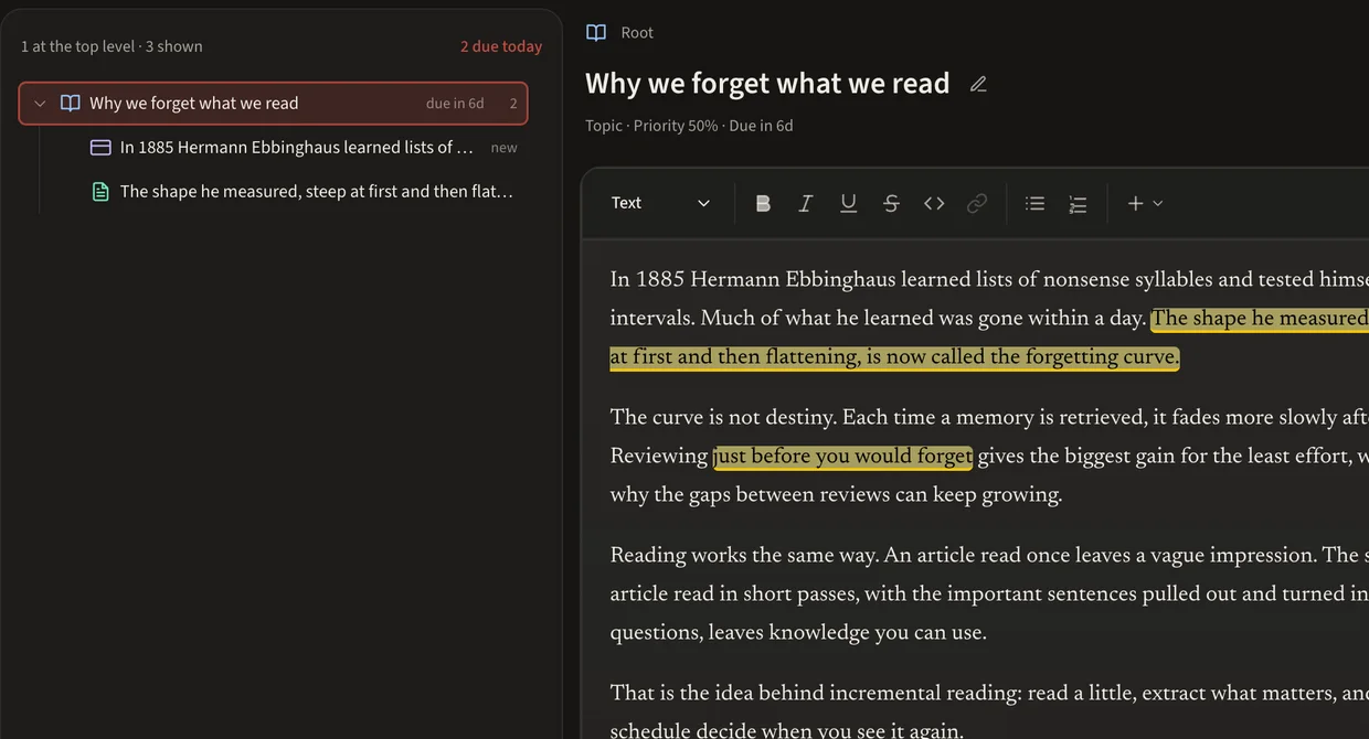 Kioku's Browse page: the article as a Topic in a tree, with its cloze Item and its Extract nested underneath, and the article open in the editor.