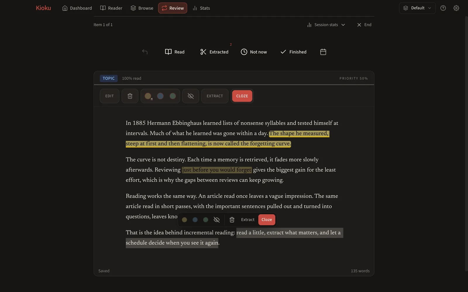 Kioku's Review page with an article about the forgetting curve: one sentence highlighted as an Extract, a phrase marked for a cloze card, and a menu over a selected sentence offering Extract and Cloze.