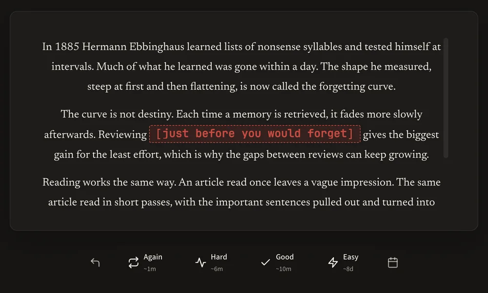 A cloze card in Kioku's Review: the hidden phrase revealed, with the rating bar below showing when each answer brings it back, from about a minute for Again to more than a week for Easy.